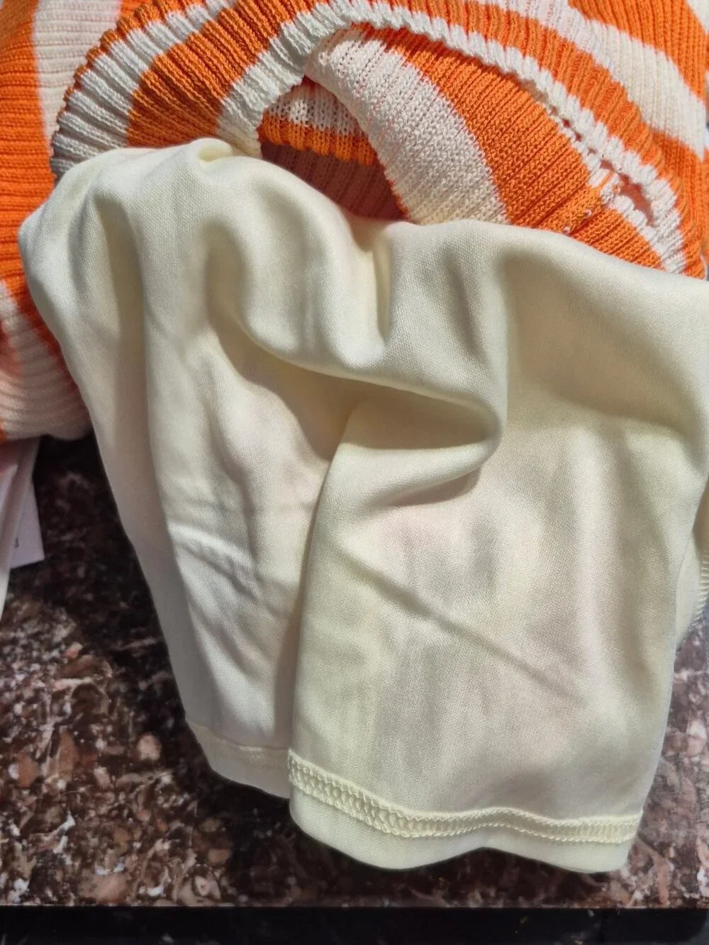 Women's Sweater and Skirt SET, Creamon. Small. orange/cream stripe.
